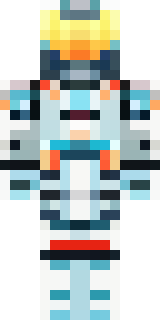 a mecha pilot in a white flight suit with a segmented helmet