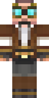 a steampunk inventor in a brown leather coat and brass goggles