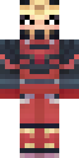 a samurai in red lacquered armor with a horned helmet