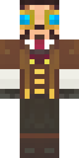 a steampunk inventor in a brown leather coat and brass goggles