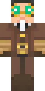 a steampunk inventor in a brown leather coat and brass goggles