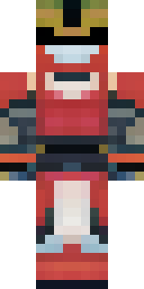 a samurai in red lacquered armor with a horned helmet