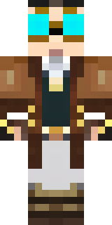 a steampunk inventor in a brown leather coat and brass goggles