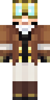 a steampunk inventor in a brown leather coat and brass goggles