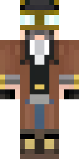 a steampunk inventor in a brown leather coat and brass goggles