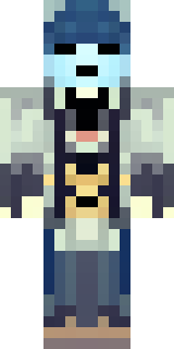 a ghostly pirate with pale skin and a tattered blue coat