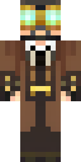 a steampunk inventor in a brown leather coat and brass goggles