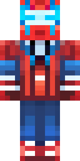 a masked hero in a sleek red and blue suit with a chest emblem