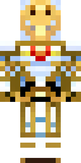 a royal paladin in gold-trimmed white armor with a red cape