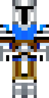 a knight in polished silver plate armor with a blue tabard
