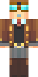 a steampunk inventor in a brown leather coat and brass goggles