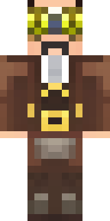 a steampunk inventor in a brown leather coat and brass goggles