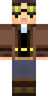a steampunk inventor in a brown leather coat and brass goggles