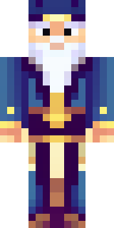 an old wizard in a starry midnight-blue robe and pointed hat