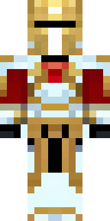 a royal paladin in gold-trimmed white armor with a red cape