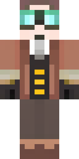 a steampunk inventor in a brown leather coat and brass goggles