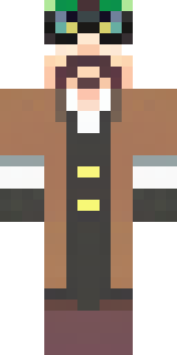 a steampunk inventor in a brown leather coat and brass goggles