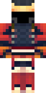 a samurai in red lacquered armor with a horned helmet