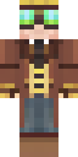 a steampunk inventor in a brown leather coat and brass goggles