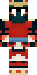 a samurai in red lacquered armor with a horned helmet