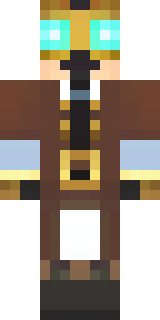 a steampunk inventor in a brown leather coat and brass goggles