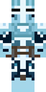 a frost knight in ice-blue armor rimed with snow