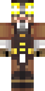 a steampunk inventor in a brown leather coat and brass goggles