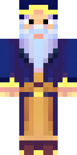an old wizard in a starry midnight-blue robe and pointed hat