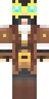 a steampunk inventor in a brown leather coat and brass goggles