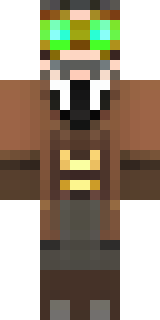 a steampunk inventor in a brown leather coat and brass goggles