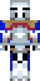 a knight in polished silver plate armor with a blue tabard