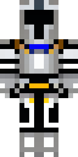 a knight in polished silver plate armor with a blue tabard