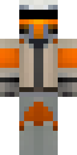 a battle-worn pilot in orange plating with scorch marks