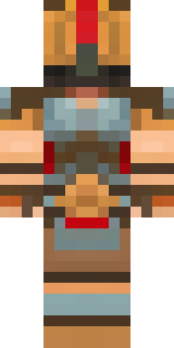 a gladiator in bronze arm guards and a red-plumed helmet