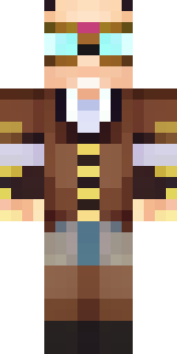 a steampunk inventor in a brown leather coat and brass goggles