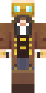 a steampunk inventor in a brown leather coat and brass goggles