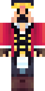 a pirate captain in a long red coat and tricorn hat