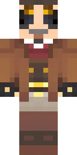 a steampunk inventor in a brown leather coat and brass goggles