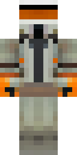 a battle-worn pilot in orange plating with scorch marks