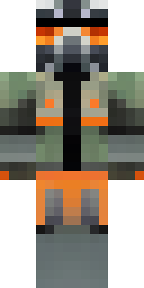 a battle-worn pilot in orange plating with scorch marks