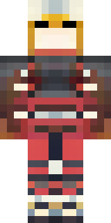 a samurai in red lacquered armor with a horned helmet