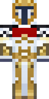 a royal paladin in gold-trimmed white armor with a red cape