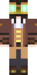 a steampunk inventor in a brown leather coat and brass goggles