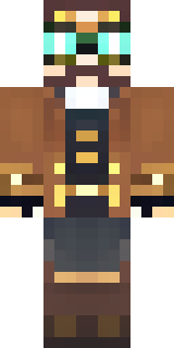 a steampunk inventor in a brown leather coat and brass goggles