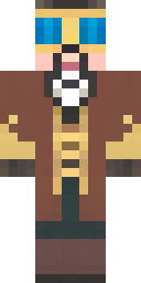 a steampunk inventor in a brown leather coat and brass goggles