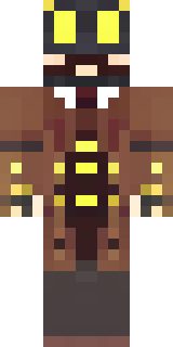 a steampunk inventor in a brown leather coat and brass goggles