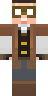 a steampunk inventor in a brown leather coat and brass goggles
