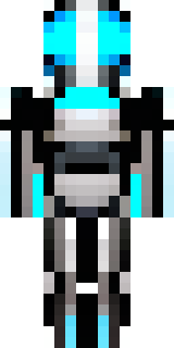 a chrome android with glowing blue eyes and exposed joints