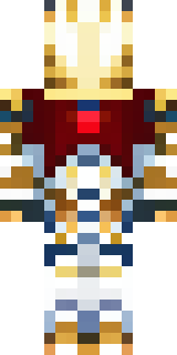 a royal paladin in gold-trimmed white armor with a red cape