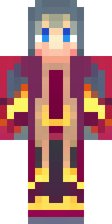 a fire mage in crimson robes with burning orange sleeves